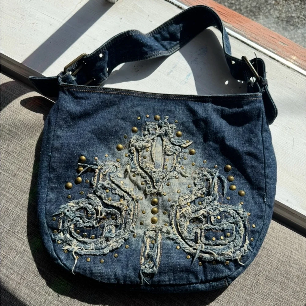 Y2K Distressed Denim Shoulder Bag Gold‎ Studs Embroidered Baroque Grunge Purse